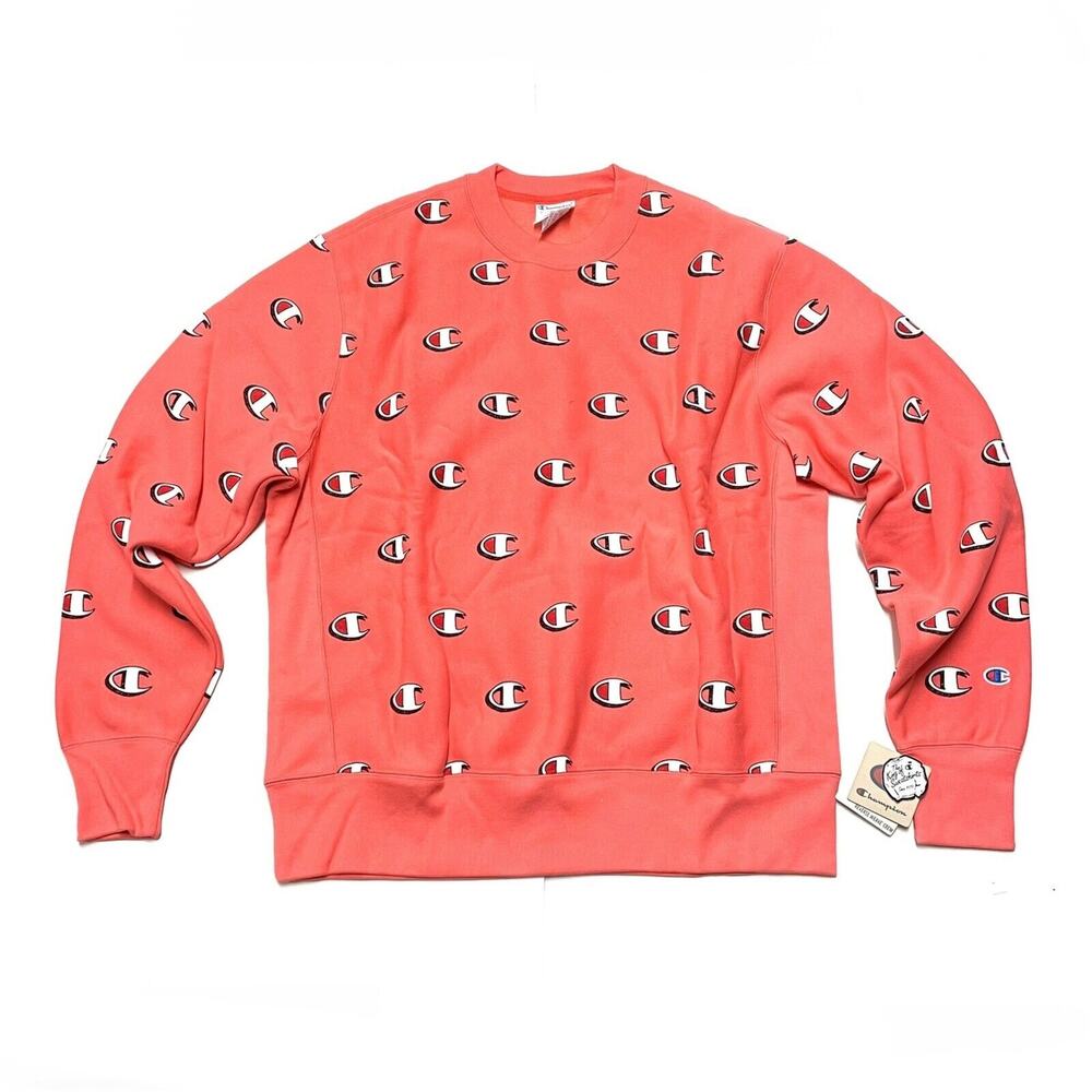 Champion Reverse Weave Scribble Logo Crew Sweatshirt Mens Sz 2XL XXL Pink Melon